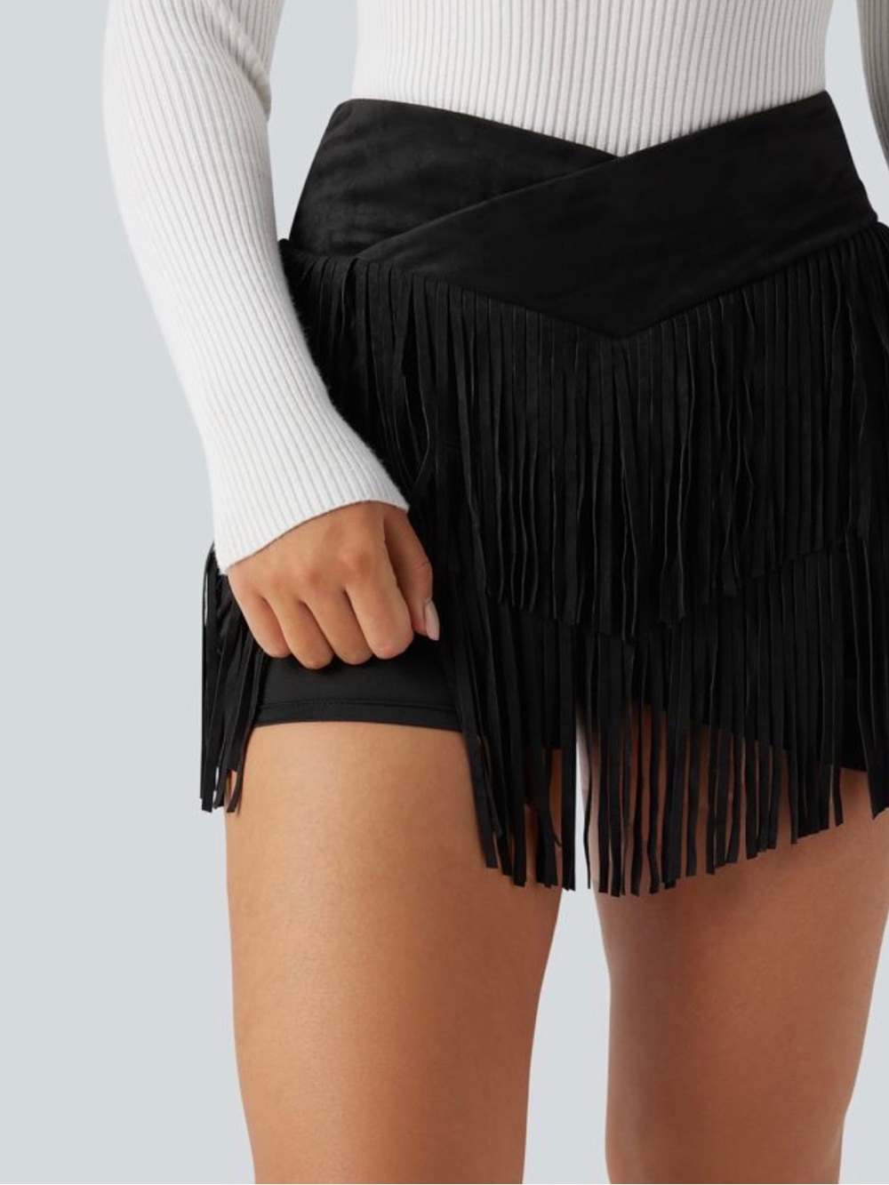 HALARA Black Suede Fringe Mini Skirt - Picture 3 of 5